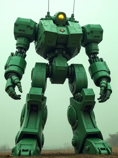 1 giant robot, intricate mechanical details, green metallic body, large powerful limbs, futuristic sci-fi design, cinematic lighting, dramatic shadows, sense of awe and wonder, (best quality,4k,8k,highres,masterpiece:1.2),ultra-detailed,(realistic,photorealistic,photo-realistic:1.37),cinematic composition,dramatic atmosphere,hyper detailed, cinematic lighting, moody green hues, industrial machinery, technologically advanced, powerful presence