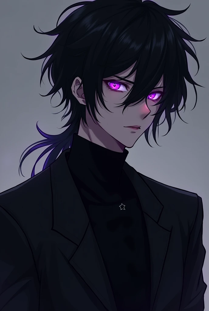 A man.. with dark messy black hair sweeping over his eyes dressed in all balck. He is part demon. He has a violet fire in his balck eyes. Anime type picture