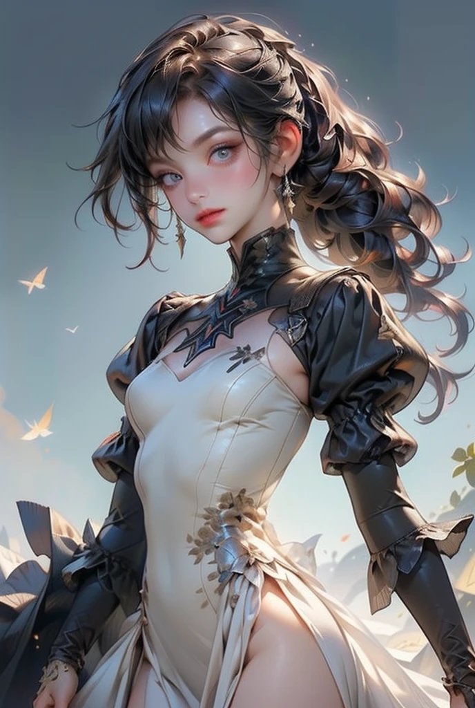 (((masterpiece, of the highest quality, super detailed))), (digital art), (a witch belonging to an occult order of knights), (a knight crossed with a witch), Victorian era inspired, ((minimal but intricate beautiful armour)), (Fluttering lace flared dress with frilly petticoats), ((Bloodbourne inspired)), ((nier automata inspired)), (big forhead:1.2), (((dark hair, long ponytail, thick ponytail, heavy ponytail))), (((Very sharp focused eyes))), ((small breasts)), very long eyelashes, occult aesthetic, (red and white clothing detailed and intricate steampunk and detailed gothic), (with a hood), complex lace boots,