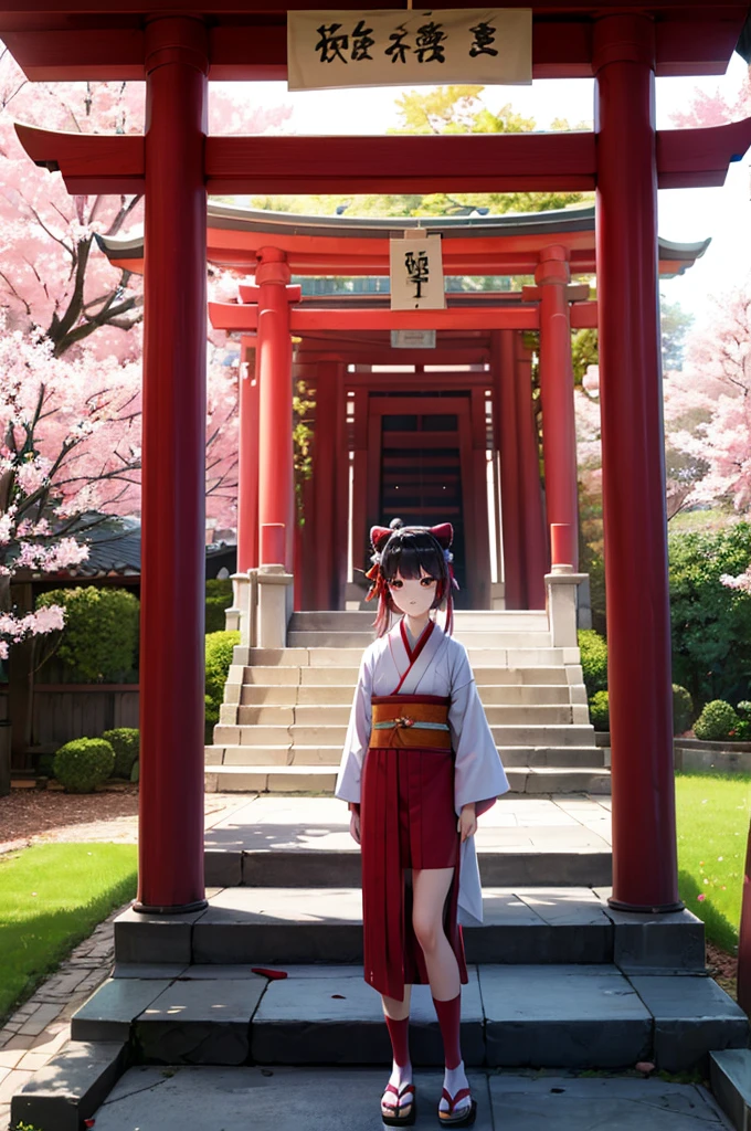 ((masterpiece,Highest quality)),Outdoor, Red Torii Gate, wood, stage,, Two Girls, Shrine maiden,Shrine maiden, View your viewers, Recall,, Red legwear, red ribbon, Black Hair,cherry blossoms, Day, flower, Hair Bun, hair ribbon, kimono, kimono, Long Hair, Cat ear, small flowers,, Multiple Girls, Red eyes, Redhead, ribbon, Sandals, single Hair Bun, Are standing,clog Sandals,white kimono, Yellow Eyes,Shine,Knee socks,