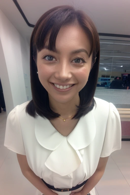 A gorgeous woman in a white onepiece水着, skinny with a healthy, perfect body, defined abs, and gold hair. She is standing in a room with white walls and a white floor., her wet body glistening. Her face is ultra-detailed, with beautiful eyes, lips, and double eyelids. She has a shy smile and trimmed bangs, with black skin and a hint of pubic hair. (best quality, 8k, masterpiece:1.3), frontal and full-body shot, pussy line, front facing and open legs.