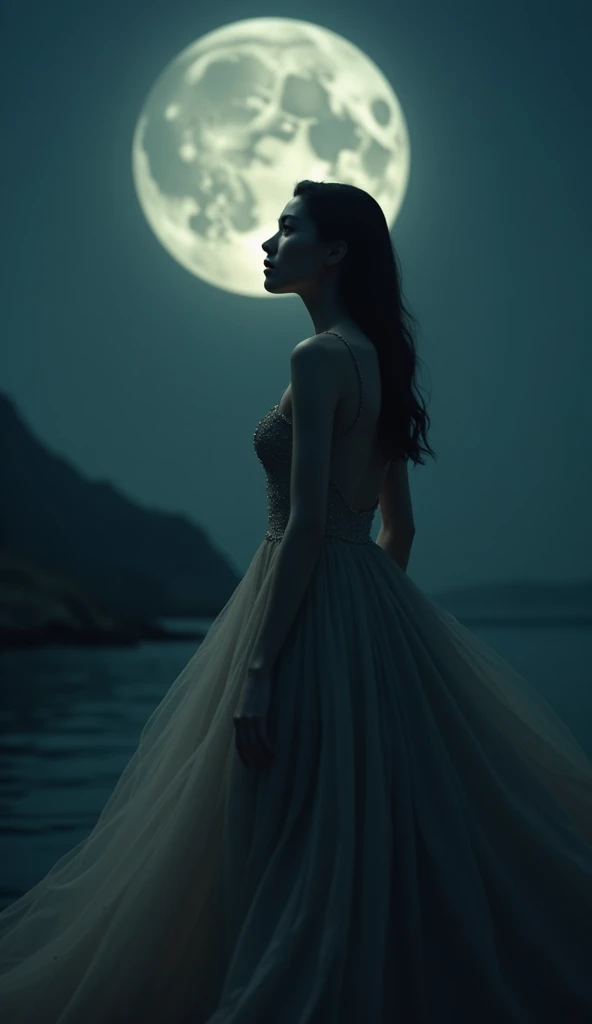 a beautiful woman under the moonlight, elegant long dress, glowing moon in the night sky, detailed facial features, dreamy expression, ethereal and mystical atmosphere, (best quality,4k,8k,highres,masterpiece:1.2),ultra-detailed,(realistic,photorealistic,photo-realistic:1.37),intricate details,dramatic lighting,cinematic composition,moody color tones,soft focus,chiaroscuro lighting,fantasy art,dramatic lighting,dramatic shadows,dreamlike,ethereal,moody,romantic