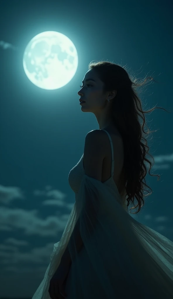 a beautiful woman under the moonlight, elegant long dress, glowing moon in the night sky, detailed facial features, dreamy expression, ethereal and mystical atmosphere, (best quality,4k,8k,highres,masterpiece:1.2),ultra-detailed,(realistic,photorealistic,photo-realistic:1.37),intricate details,dramatic lighting,cinematic composition,moody color tones,soft focus,chiaroscuro lighting,fantasy art,dramatic lighting,dramatic shadows,dreamlike,ethereal,moody,romantic