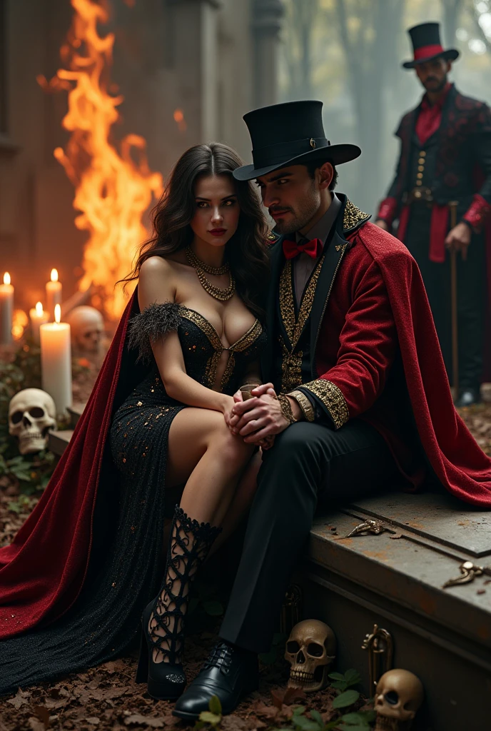 Beautiful woman and man, barba, seated on bones, Sexy black gold and red glitter dress, red and black cape, glass of champagne, candles, cemetery, fire, woman with black hair and a white streak, calaveras, whole body, necklaces, Red eyes, man with an old black and red hat, walking stick, smile , vaso whisky, white men's clothing, Red eyes , darkness, terror, smile malvada, celebration, man in a black and red cloak, shoulder pads , queen of hell