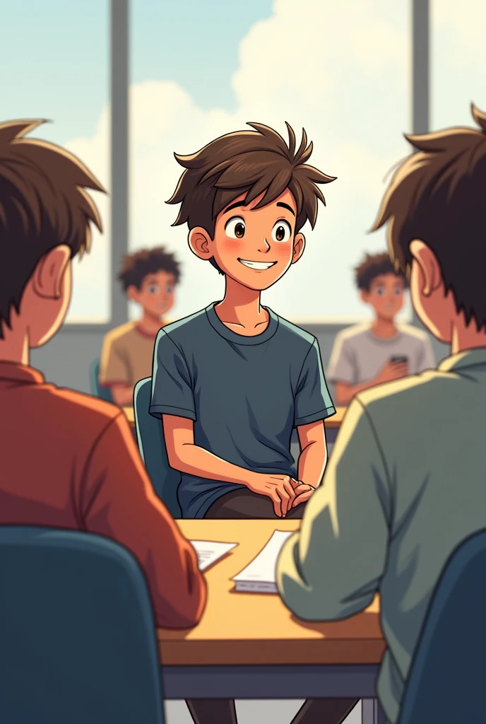 High school boys、Illustration of someone relaxing in their seat。From the front view、The scene shows him smiling and listening to her.。」