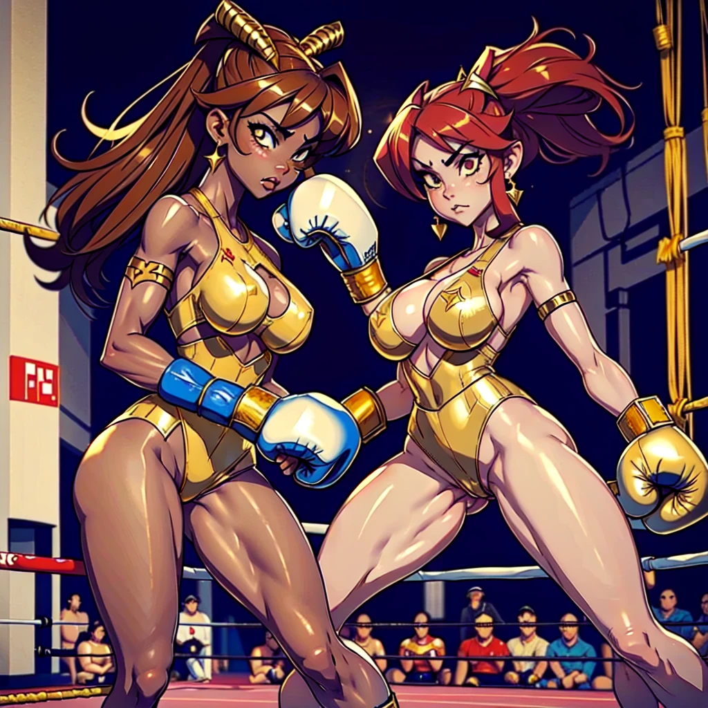 Human Boxer VS succubus queen , Nintendo punch-out style , Fullbody drawing , NSFW , oversized oppai , boxing rings , Wear large boxing gloves ,Wear It is embroidered in gold Highleg athletic outfit.