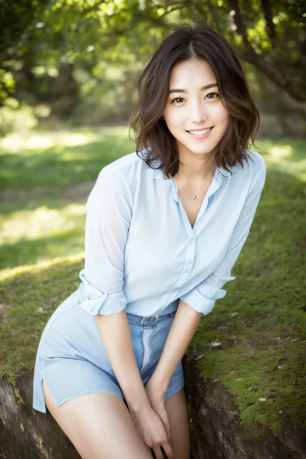 You are a professional gravure photographer.。future、Beautiful Eyes、 ((highest quality)), Clear contours, Woman with beautiful face, (((One Girl,alone))), ((Beautiful Eyes)), Sex Appeal,Albedo and Specular Maps、Accurate simulation of lightweight material interactions、Thigh shot、Three-dimensional background、Bob Hair、smile