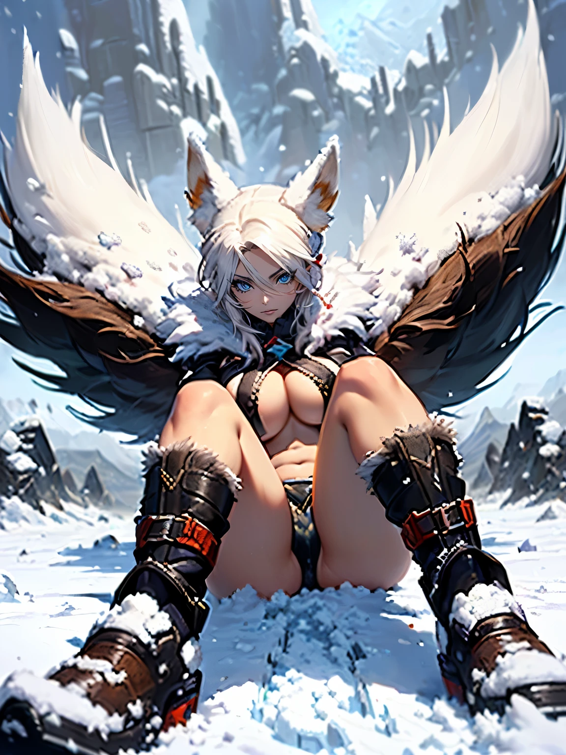 ((Seductive lady:1.3, solo:1.2))、((fusion of fox and lady:1.4))、((snowy mountains:1.4))、((blizzard:2))、((pelts:1.2))、((fur boots:1.3))、((dynamic angle:1.3))、((full body))、((underboob:1.3))、((Glossy realistic skin texture))、((shiny skin))、((Meticulously drawn hands))、perfect anatomy、masterpiece, ultra-detailliert, 8k, hiquality, Top image quality, Smooth texture、watercolor