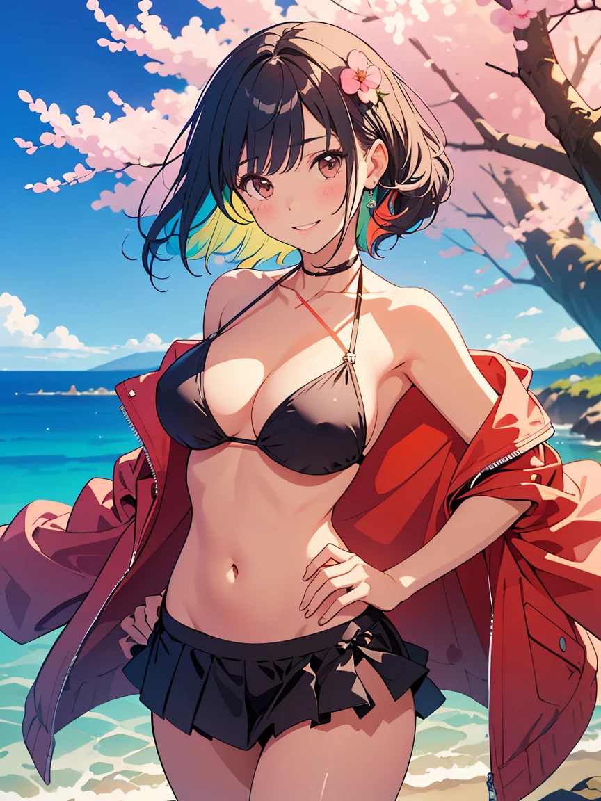 Prompt usado: ((Maximum quality, 8k, work of art: 1.3)),microbiquini,cross-halter bikini,bandeau bikini,,Skirt-style bikini,swimpool,mar,beachfront, "Cherry Blossom Night, a masterpiece comes to life. a stunning woman, with beautiful blue hair and white skin, uses a beautiful, kawaii latex bodysuit, your entire body focused and centered. She is tall, with beautiful big breasts, a warm smile, and beautiful brown eyes. Her outfit is completed with a vibrant rainbow latex jacket.. The scene takes place among the delicate pink flowers of a cherry tree., The gentle March night breeze blowing through your hair. Capture it a little below, emphasizing her graceful figure and the intricate details of her outfit."