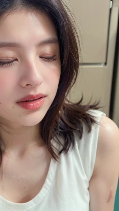 ((((8k))),((Extremely detailed CG)) ,(wallpaper),16K,((Very sophisticated and beautiful)),(((masterpiece))),(((Highest quality))),(((超High resolution))),Beautiful lighting,Perfect Lightning,Realistic shadows,[High resolution],(Smooth and perfect white skin:1.5),(Pale skin:1.3),Extremely detailed facial details,(Perfect body:1.1),Very detailed,Beautiful girl,alone,Small Head,(Shoulder-length straight black hair:1.1),(Short Ponytail:1.2),(close your eyes:1.5),(Open your mouth:1.3),(blush:1.3),(Female orgasm:1.5),Ahegao,(Sweat:1.4),(Glowing Skin:1.5),Small face,Exquisite makeup,(Apply liquid milk generously to your face:1.3),(Small breasts:1.1),Flat Chest,slim,thin,(Laughter:1.2),(Maxi Black Apron:1.3),(Daytime scenery:1.5),indoor,(In the toilet:1.5),(Next to the washing machine:1.3),(Detailed Background:1.5),(Face close-up:1.5),(from the front:1.3),