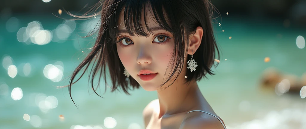 1 girl, (strapless micro bikini:1.5), (Looking into the camera)、Beautiful Japanese actresses, ((Small, flat chest:1.5))、Photogenic, ((Close-up of face:1.5))、Yukihime, Long eyelashes, Snowflake Earrings,strapless micro bikini、
(RAW Photos, highest quality), (reality, reality的:1.4), (Flying debris), 
Beautiful details, Beautiful lip detail, Highly detailed eyes and face, 
BREAK is perfect anatomy, The whole body is thin, Small breasts, (short hair:1.3), Angel&#39;smile, 
Crystal Skin, Wake up, Capture the light