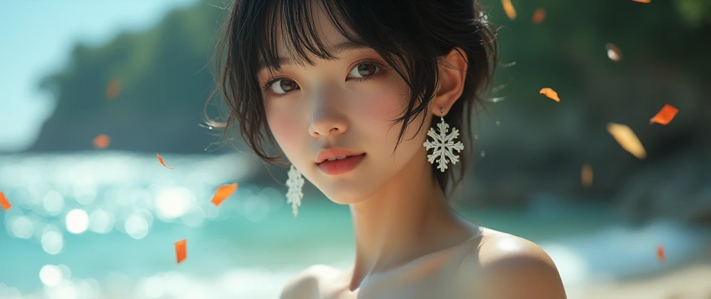1 girl, (strapless micro bikini:1.5), (Looking into the camera)、Beautiful Japanese actresses, ((Small, flat chest:1.5))、Photogenic, ((Close-up of face:1.5))、Yukihime, Long eyelashes, Snowflake Earrings,strapless micro bikini、
(RAW Photos, highest quality), (reality, reality的:1.4), (Flying debris), 
Beautiful details, Beautiful lip detail, Highly detailed eyes and face, 
BREAK is perfect anatomy, The whole body is thin, Small breasts, (short hair:1.3), Angel&#39;smile, 
Crystal Skin, Wake up, Capture the light