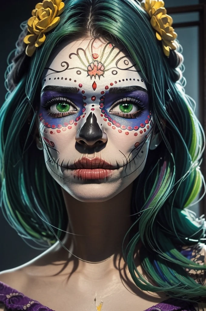 Girl with green hair, Day of the Dead paint on her face, High quality, short hair, long spectral dress, green eyes and Asian features, malignant face and eyes gleaming with malice, dark aura, serius expression