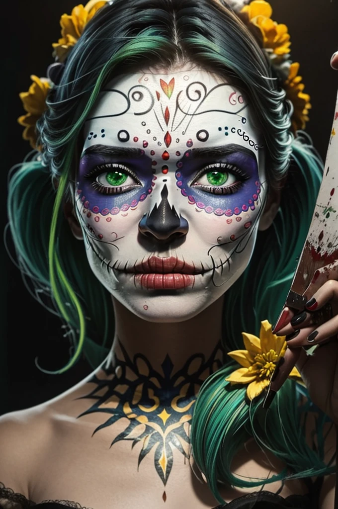 Girl with green hair, Day of the Dead paint on her face, High quality, short hair, long spectral dress, green eyes and Asian features, malignant face and eyes gleaming with malice, dark aura, serius expression