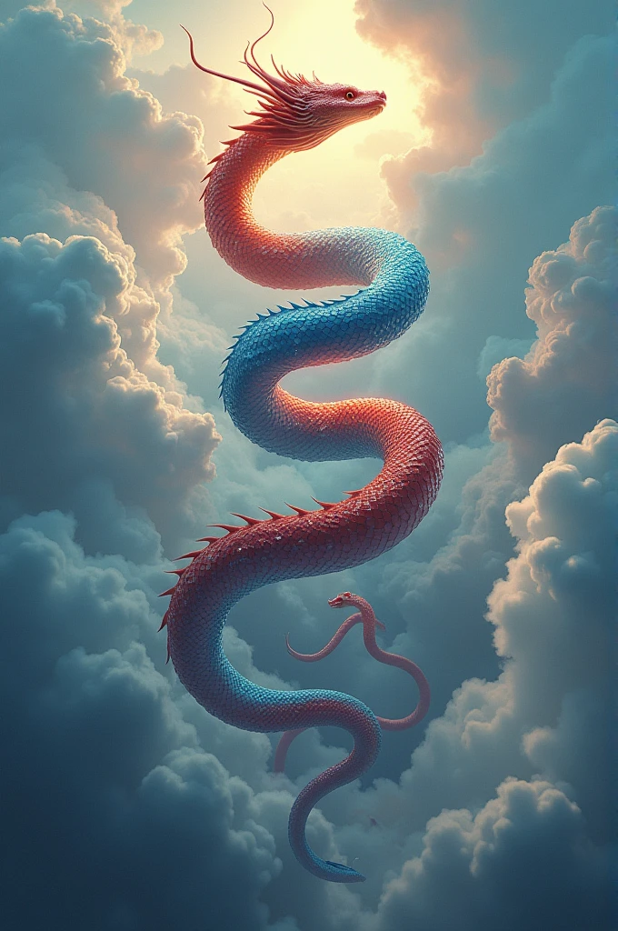 full lenght on the sky, imagine this is a scene or in a movie, blue thai naga and two red thai naga, twisted into a spiral, shooting up into the sky, realistic image, atmosphere, drama, image, clouds spread, beautiful glittering light, realistic image, oil painting, 3D, art image of Master Chalermchai