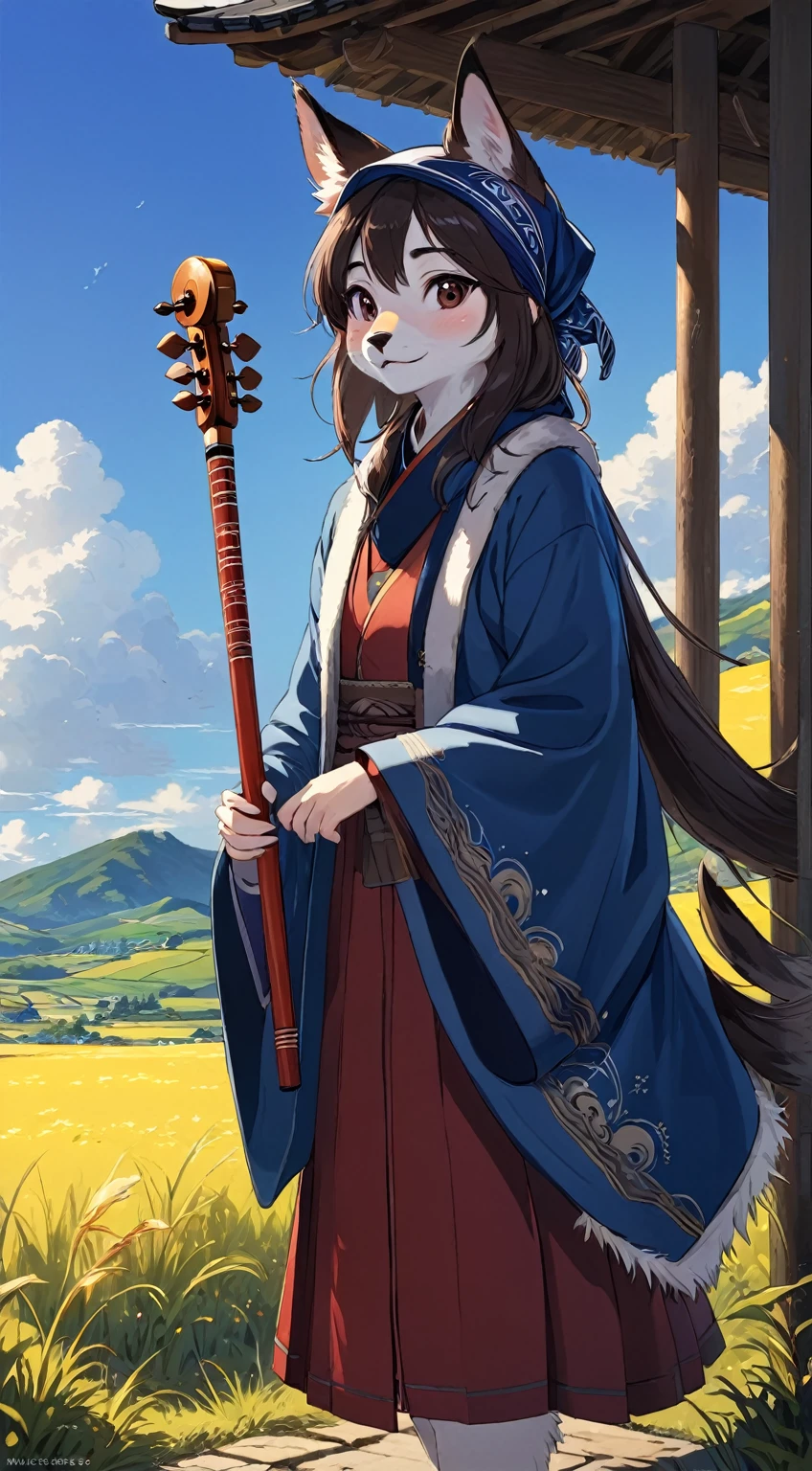 高quality超精細插圖, 電影海報Super detailed,actual,(portrait,photo-actual:1.37),(hairy:1.1),(human nature:1.1) High resolution, 8k, masterpiece,, Super detailed, mammal,whole body,National style totem,ethnic jewelry,quality, Hokkaido赤狐, elder, 一隻雄性hairy的狐狸 (Red fur), all covered in fur, , 穿著Hokkaido阿伊奴族的傳統服飾,Off-white coat,Dark blue headscarf,Hands holding traditional musical instruments,Squint and smile, masterpiece, 最好的quality, Digital art, (actual:0.3), cartoon, Detailed route, High resolution, visually stunning (detailed lighting, Depth of Field:0.9), detailed color, Bright colors create perfect hands, Detailed hands (Fair, Cute, Fluffy:1.2), detailed body, HokkaidoNatural background,horizon landscape, National costume, national totem,清澈的Sky, movie lighting, Sky, sunny Sky,,grassland, horizon background(Natural background:1.1,Hokkaido:0.9), (Soft natural light:1.1), (Detailed facial features:1.1,expressive eyes:1.2), (calm and serene expression:1.1), (Flowing and layered clothing:1.1), (Gorgeous and intricate accessories:1.1), Fine hairs, Delicate face,