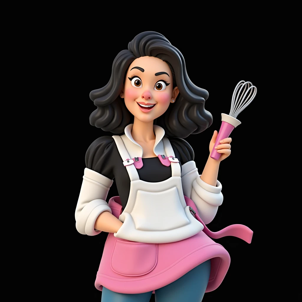 Cartoon character of a stylish woman in a pink apron, happy, black wavy hair, brown aligned eyes, big flat nose, in the left hand is holding a whip and in the right hand is holding a large cake, an animated character, stylized character, animation style rendering, 3d stylized, Arnold Maya rendering, Stylized 3D rendering, toon render screenshot, 3d character, 3d character, Stylized 3D rendering, 3D character rendering, cartoon character, Personagem de close up, character posing, (Pixar-style) (master part:1.2) (bokeh) (best qualityer) (skin detailed) (detailed texture) (8k) (Argilla) (cinematic lighting) (sharp focus,Sit down and lift your upper body