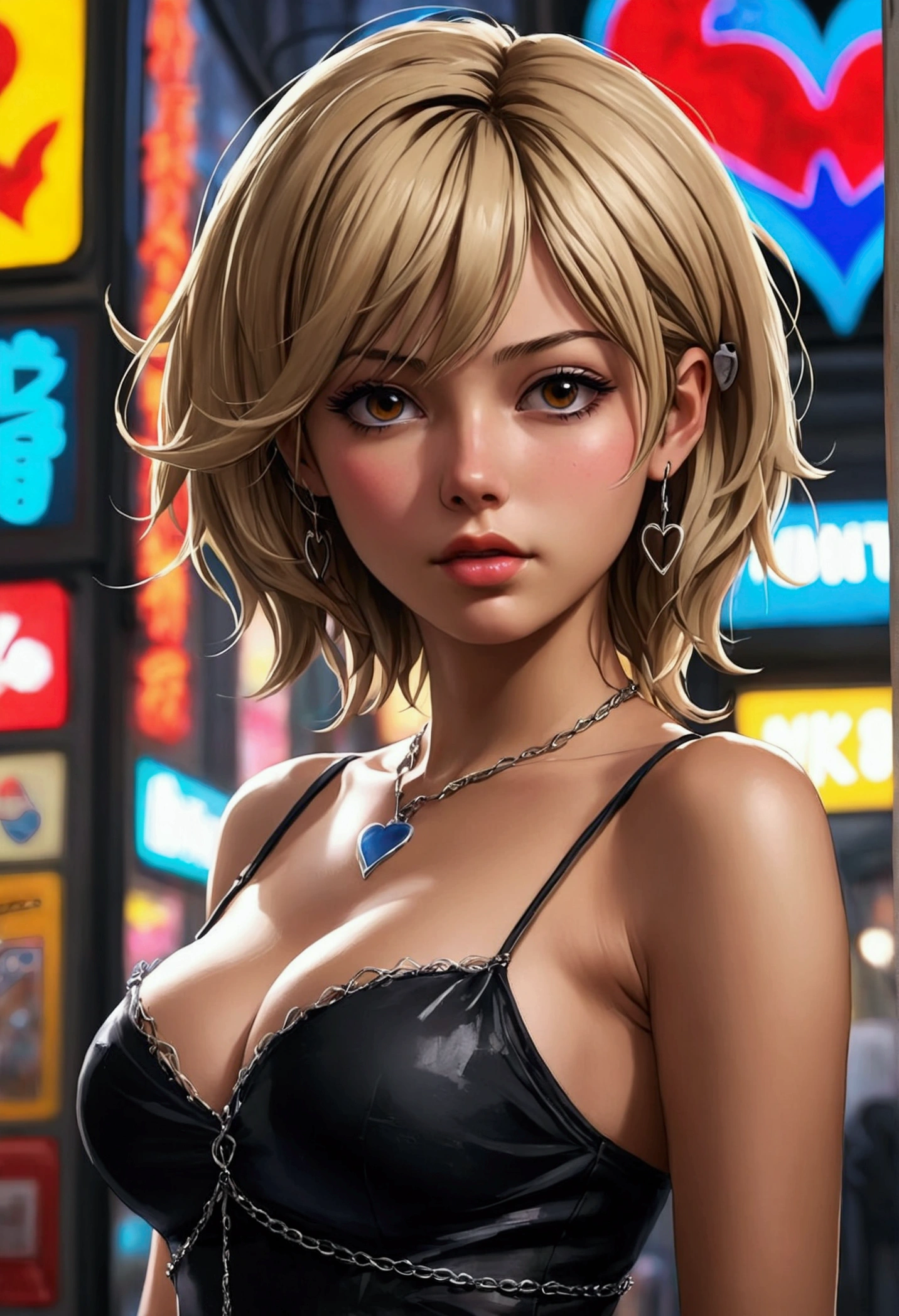 atmosphere oleosa hearts Blonde GTA sexy big tits line hair no meio floresta eletrônica surrounded by neon signs de JOELHOS ""com uma arma apontando um magnum prata para seu rosto"" vestido silver black com big correntes brilhantes com arcos with a slight wind lifting herrealistic, ultra high htperdelalyt great attention to the body and face UHD 8K Watercolor, trending on artstation sharp focus, studio photo, intricate details, highly detailed n anime 2d death note