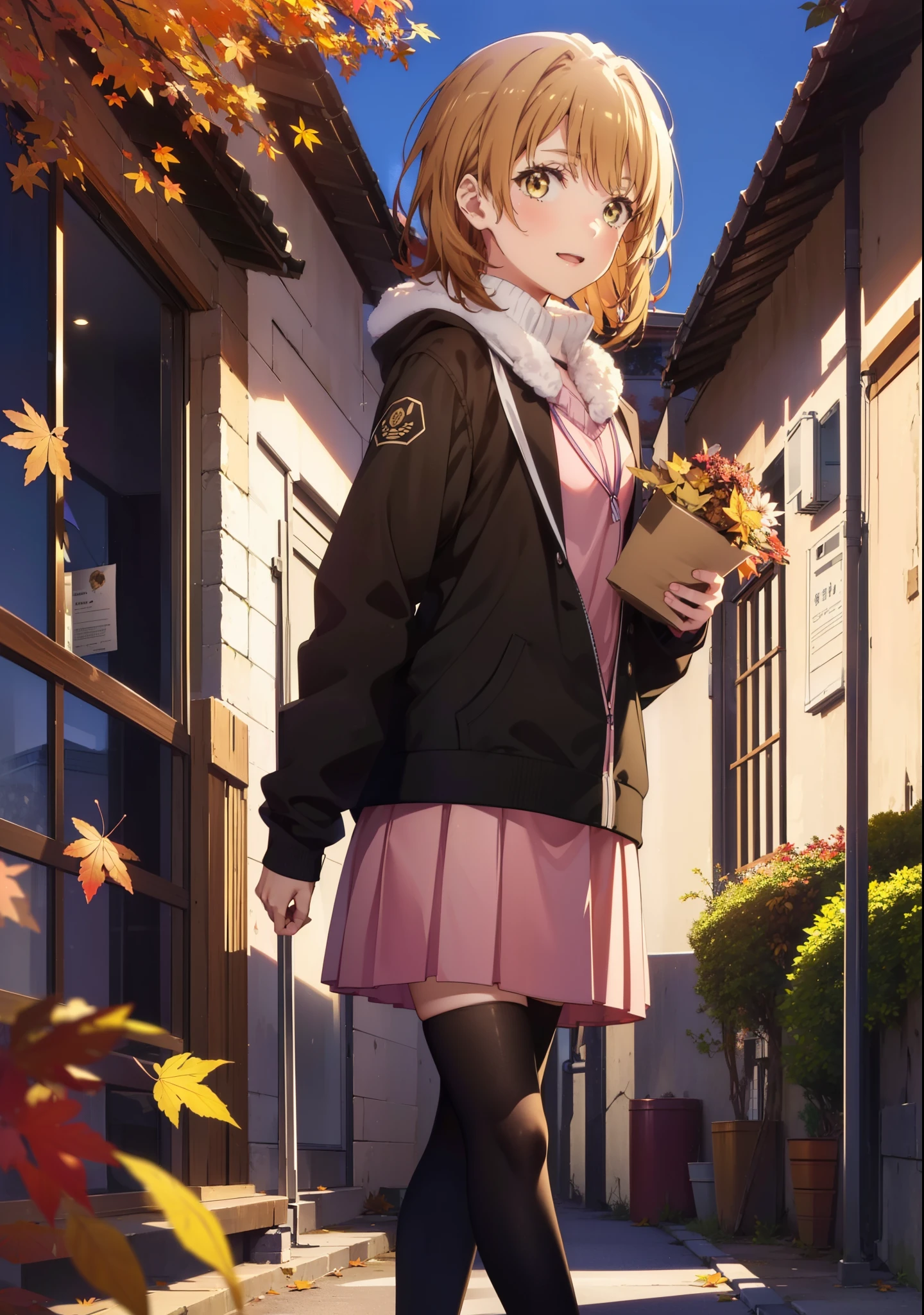 Irohaisshiki, isshiki iroha, short hair, Brown Hair, (Brown eyes:1.5), happy smile, smile, Open your mouth,Pink oversized hoodie,mini skirt,black tights,short boots,Flower Hair Ornaments,autumn leaves,autumn leavesが散っている,Walking,moonlight,night,whole bodyがイラストに入るように、
break outdoors, garden,
break looking at viewer,whole body,
break (masterpiece:1.2), Highest quality, High resolution, unity 8k wallpaper, (figure:0.8), (Beautiful attention to detail:1.6), Highly detailed face, Perfect lighting, Highly detailed CG, (Perfect hands, Perfect Anatomy),
