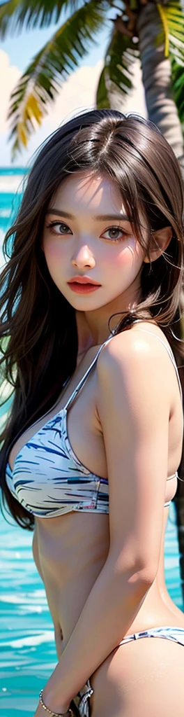 (Highest quality, masterpiece, Ultra-high resolution ,Realistic:1.3), Supermodel women , Micro , bracelet , Glowing Skin ,Detailed face, Detailed eyes, Glossy Lips , Slim build, Pay attention to the , whole body、The background is a Maldivian palm tree、（The gaze is sexy、Beautiful thighs、Abdominal muscles、The gap between the front  is beautiful）