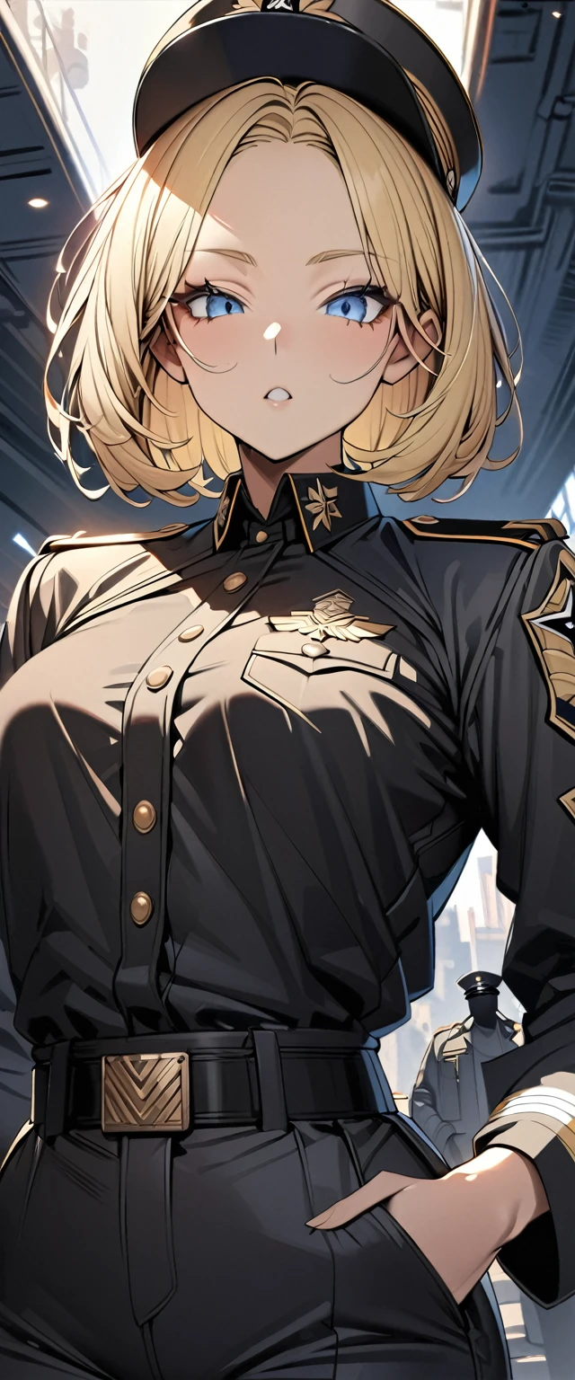 Bobcut　Blonde　forehead　soldier　Nazis　uniform　Officer　陸軍Officer　Black costume　Army Costume　Wearing military gear　Army Caps　Long sleeve　Long trousers　Shoulder jacket　Jacket on the shoulder　((Loose-fitting clothing))　((Upper Body))　Big eyes　Blue eyes　Mouth closed　Highest quality　Super detailed　detailed woman　High quality　8k　