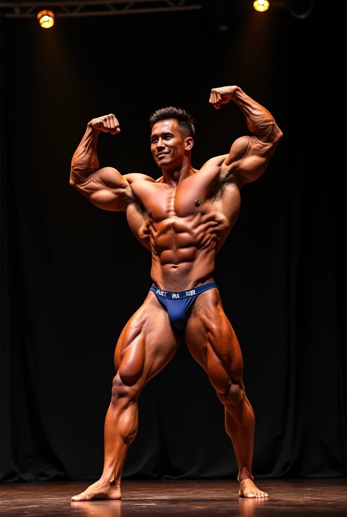 Indonesian bodybuilder on stage doing side triceps pose