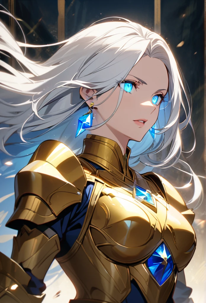 woman, blue eyes, long hair, white hair, mature, god eyes, diamond earrings, glowing eyes, blue eyes, golden armor