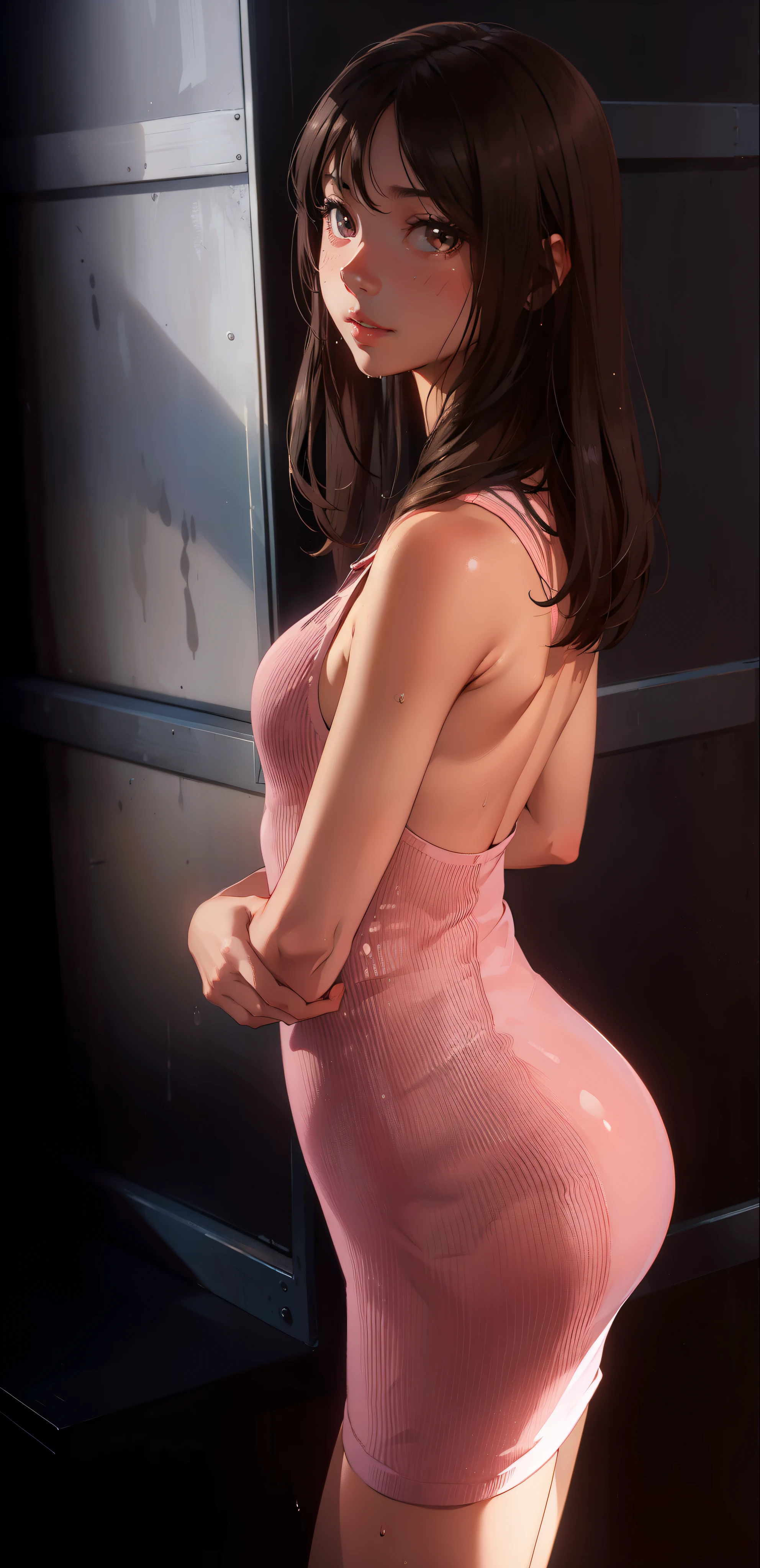 girl, Sweat, Medium breasts, Shy, Detailed hands, Looking at the audience, Lips parted, Dynamic Shadows, Transparent clothes, Smile