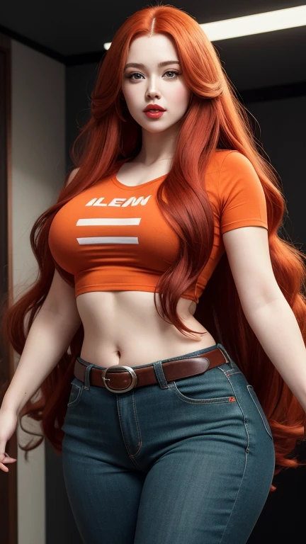 Big breasts, perfect face, woman with long red hair and very long red hair, wearing orange t-shirt, curvy body,red lips,Standing in the middle of the room , green eyes, super long red hair with very super long red hair, wearing black jeans with red belt, proportions high and good of anime figure,ultra detailed, cinematic lighting