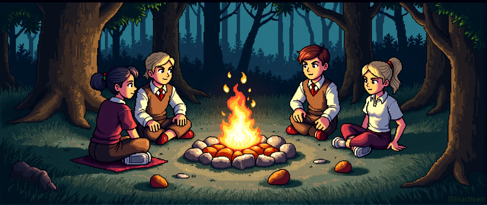A pixel art image of RPG characters sitting around a campfire in a forest at night.