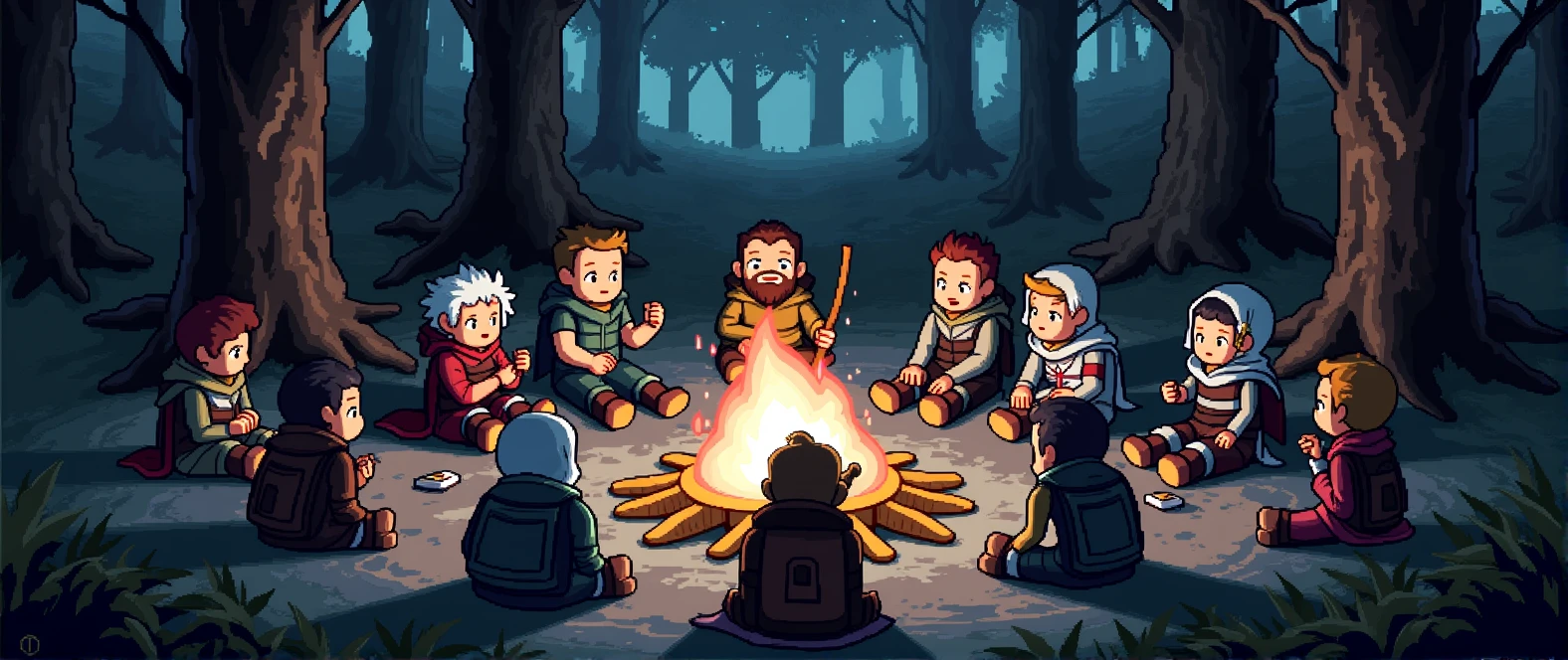 A pixel art image of RPG characters sitting around a campfire in a forest at night.