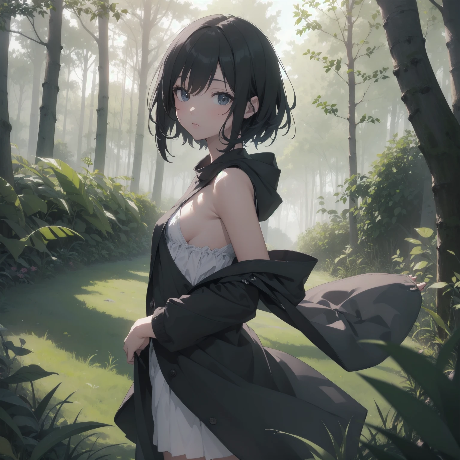 ultra-absurdres-Top quality by artist God, ultra-detailed, high resolution, anime moe artstyle, best anime 8k konachan wallpaper, pixiv contest winner, pool:2810, perfect anatomy,break, 1girl, ninja, (Please draw a ninja girl walking sleepily to forest alone. )break,(Solo,little female, -yeld:1.Full limbs, complete fingers,(very short hair), short cut, flat chest, thighs, small butt, small black eyes, beautiful detailed eyes, well-proportioned iris and pupils, expressive eyes, highres detailed hair, expressionless, short kimono, scarf, (Detailed Lighting), (Detailed background), night, in the forest. break,super detailed skin, Best cinematic lighting powered by famous artist, 8k,beauty illustration,photoshop_(medium),very aesthetic,break,((artist:ishikei )), artist:clamp ,artist:carnelian ,artist:kantoku ,