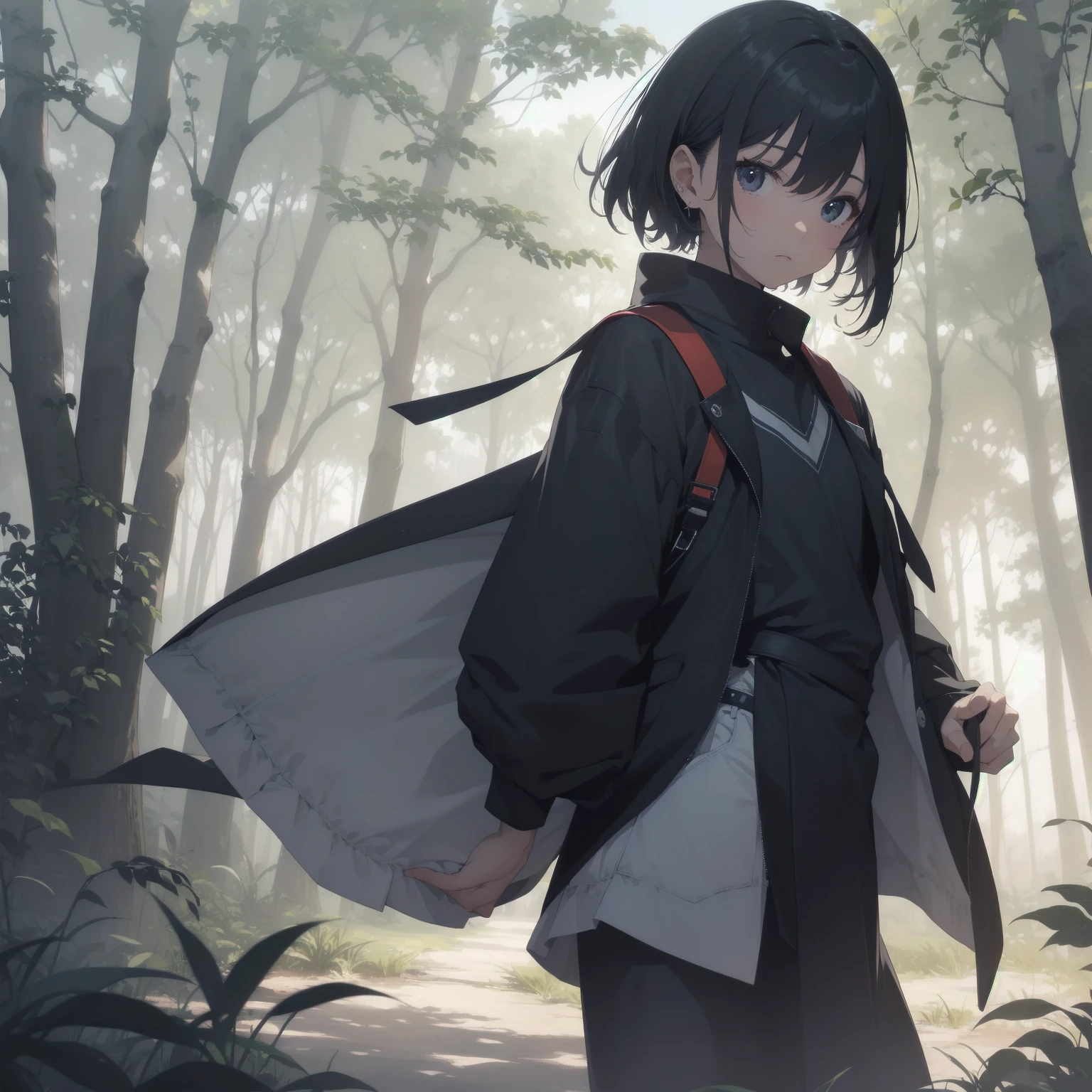 ultra-absurdres-Top quality by artist God, ultra-detailed, high resolution, anime moe artstyle, best anime 8k konachan wallpaper, pixiv contest winner, pool:2810, perfect anatomy,break, 1girl, ninja, (Please draw a ninja girl walking sleepily to forest alone. )break,(Solo,little female, 10-year-old:1.3),Full limbs, complete fingers,(very short hair), short cut, flat chest, thighs, small butt, small black eyes, beautiful detailed eyes, well-proportioned iris and pupils, expressive eyes, highres detailed hair, expressionless, short kimono, scarf, (Detailed Lighting), (Detailed background), night, in the forest. break,super detailed skin, Best cinematic lighting powered by famous artist, 8k,beauty illustration,photoshop_(medium),very aesthetic,break,((artist:ishikei )), artist:clamp ,artist:carnelian ,artist:kantoku ,