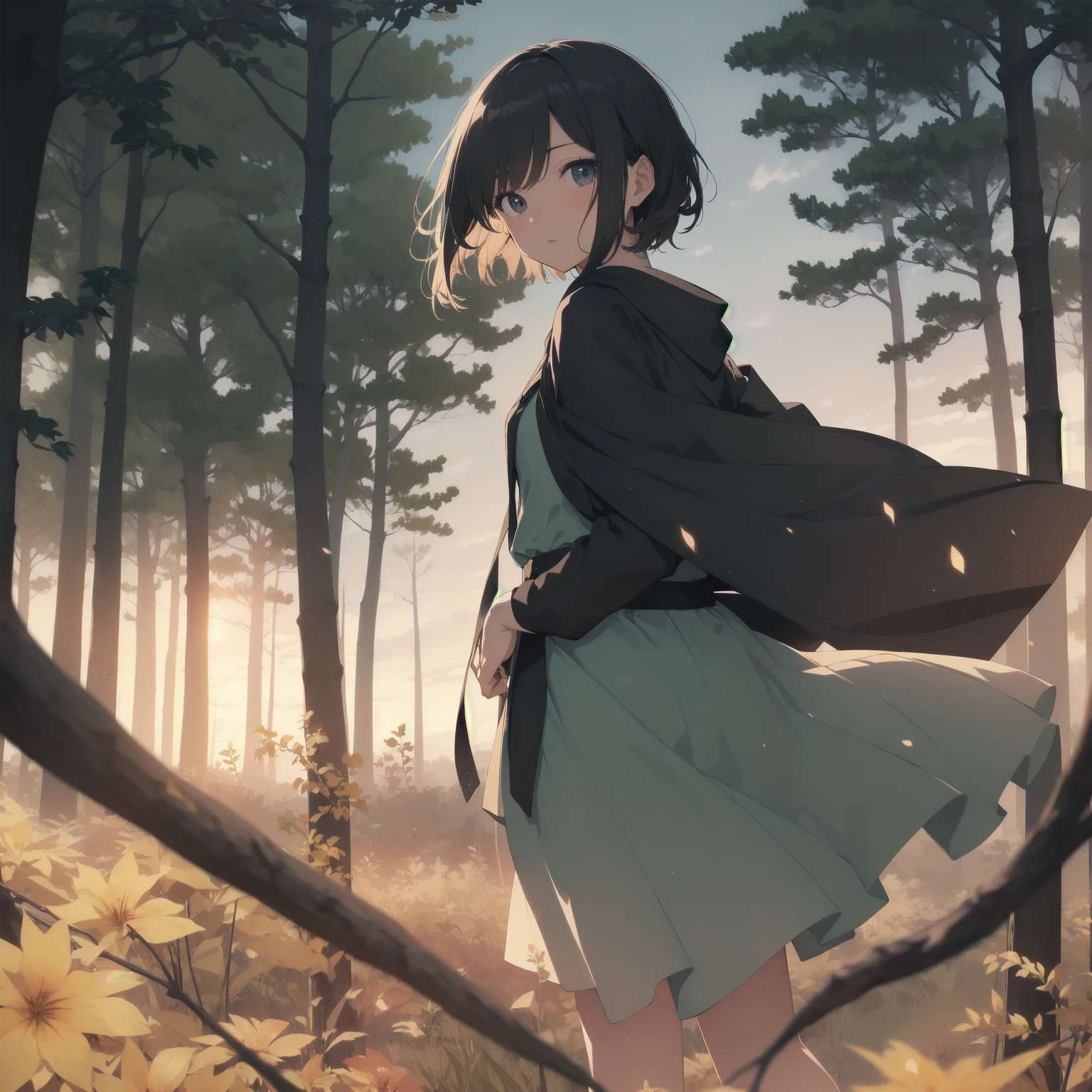 ultra-absurdres-Top quality by artist God, ultra-detailed, high resolution, anime moe artstyle, best anime 8k konachan wallpaper, pixiv contest winner, pool:2810, perfect anatomy,break, 1girl, ninja, (Please draw a ninja girl walking sleepily to forest alone. )break,(Solo,little female, 10-year-old:1.3),Full limbs, complete fingers,(very short hair), short cut, flat chest, thighs, small butt, small black eyes, beautiful detailed eyes, well-proportioned iris and pupils, expressive eyes, highres detailed hair, expressionless, short kimono, scarf, (Detailed Lighting), (Detailed background), night, in the forest. break,super detailed skin, Best cinematic lighting powered by famous artist, 8k,beauty illustration,photoshop_(medium),very aesthetic,break,((artist:ishikei )), artist:clamp ,artist:carnelian ,artist:kantoku ,