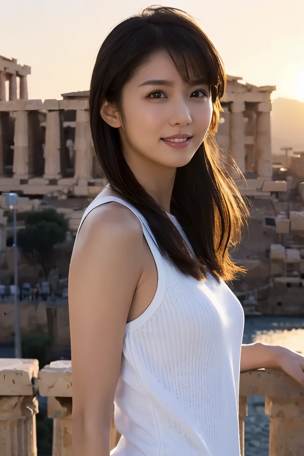 One Girl, (wear casual summer clothes:1.2), (Beautiful Japanese idol portrait photos), 
(RAW Photos, Highest quality), (Realistic, Realistic:1.4), masterpiece, 8K Portrait, 
Very delicate and beautiful, Very detailed, 2k wallpaper, wonderful, In detail, 
Very detailed CG unity 8k wallpaper, Very detailedな, High resolution, Soft Light, 
Beautiful detailed girl, Very detailed eyes and face, Beautiful and sophisticated nose, Beautiful details, 
(Commemorative photo with the Parthenon in the background:1.3), Cinema Lighting, 
Perfect Anatomy, Slender body, Small breasts, Medium Hair, Dynamic Angle, A light smile,