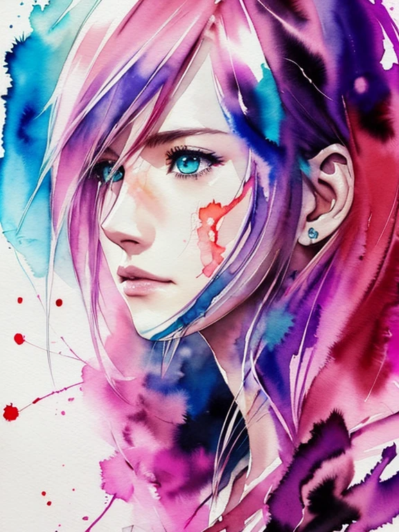 (((Agnes Cecile:1.3, watercolor))), precise lineart:1.1, glowing design, ink drops, Final Fantasy XIII Character Lightning (Claire Farron), centered, key visual, intricate, highly detailed, breathtaking beauty, vibrant, Beautiful Muses, comprehensive cinematic, ((Carne Griffiths, Conrad Roset)), autumn lights, (the most beautiful portrait in the world:1.4), (masterpiece, best quality), 
