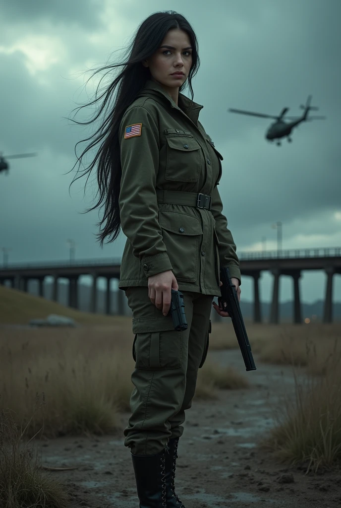 (Wide-angle lens)A 30-year-old woman with long black hair wearing military uniform.,Boots, trousers,high-heel boots,full-body shot,side,War Background,seaside,Iron bridge, Helicopters,Dark clouds sky,Science Fiction, dark的心情, full-body shot片,War atmosphere,Excellent detail,full-body shot片,Film Style,Soviet era,dark,Depressing atmosphere,In the wind and rain,Holding a pistol