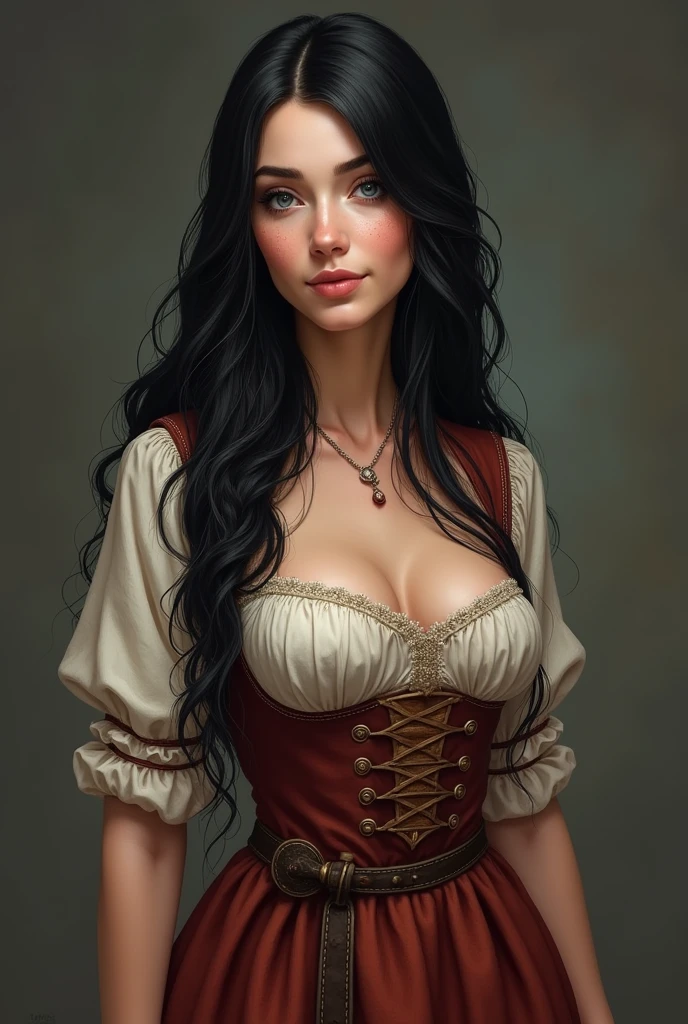 Girl with long hair, black in color, blue colored eyes. with big breasts, slim with hips and ass, no belly. Dressed as a realistic peasant woman
