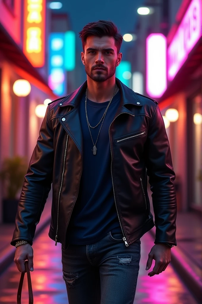 Urban and Cool Style for the Night: "Create an image of a man in his 30s with a cool urban style, perfect for going out at night. He wears a black leather jacket, black t-shirt with vintage print, dark wash ripped jeans, Black leather boots. He also has a silver chain necklace and a leather strap watch. The scene is a neon-lit street in a trendy neighborhood."