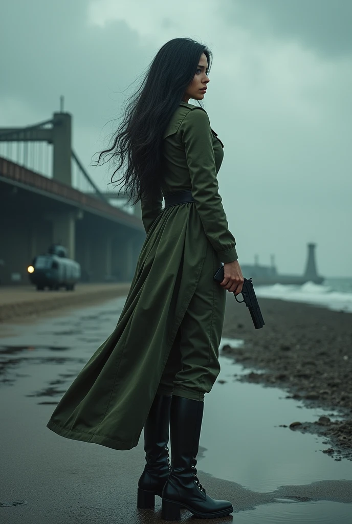 (Wide-angle lens)A 30-year-old woman with long black hair wearing military uniform.,Boots, trousers,high-heel boots,full-body shot,side,War Background,seaside,Iron bridge, Helicopters,Dark clouds sky,Science Fiction, dark的心情, full-body shot片,War atmosphere,Excellent detail,full-body shot片,Film Style,Soviet era,dark,Depressing atmosphere,In the wind and rain,Holding a pistol