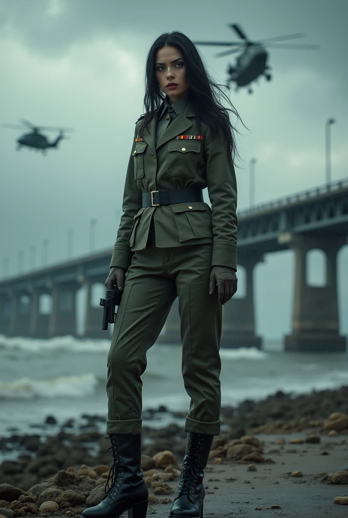 (Wide-angle lens)A 30-year-old woman with long black hair wearing military uniform.,Boots, trousers,high-heel boots,full-body shot,side,War Background,seaside,Iron bridge, Helicopters,Dark clouds sky,Science Fiction, dark的心情, full-body shot片,War atmosphere,Excellent detail,full-body shot片,Film Style,Soviet era,dark,Depressing atmosphere,In the wind and rain,Holding a pistol