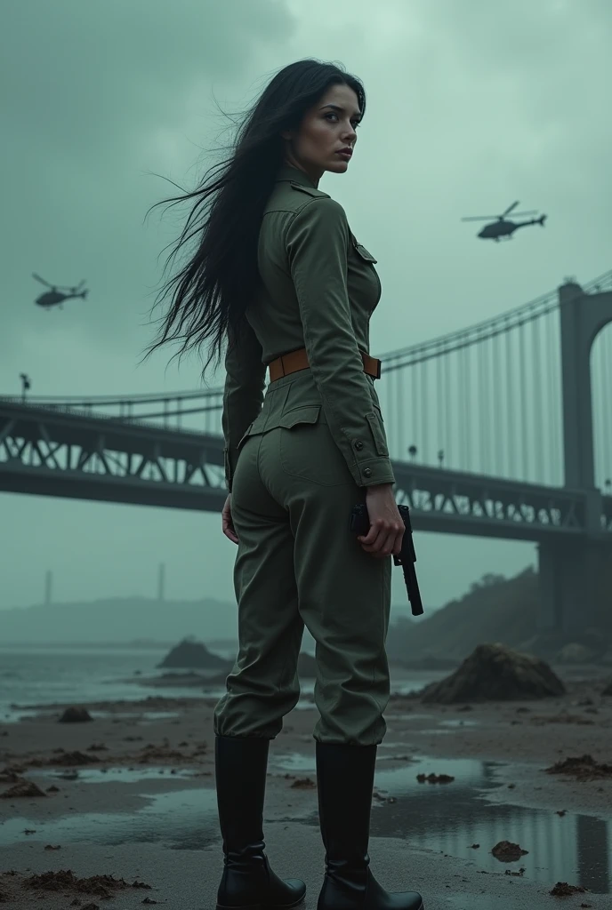 (Wide-angle lens)A 30-year-old woman with long black hair wearing military uniform.,Boots, trousers,high-heel boots,full-body shot,side,War Background,seaside,Iron bridge, Helicopters,Dark clouds sky,Science Fiction, dark的心情, full-body shot片,War atmosphere,Excellent detail,full-body shot片,Film Style,Soviet era,dark,Depressing atmosphere,In the wind and rain,Holding a pistol