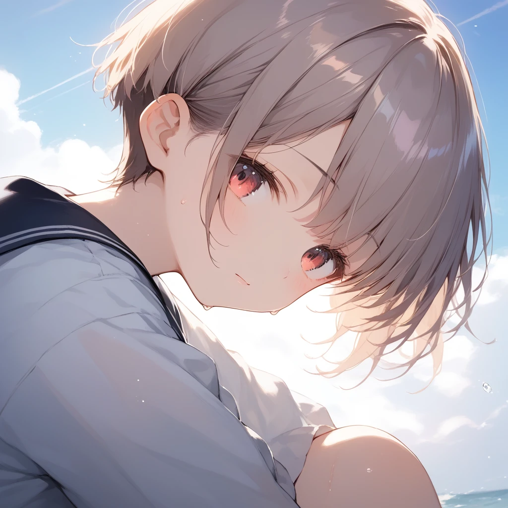 score_9, score_8_up, score_7_up, source_anime, best quality, masterpiece, official art, absurdres, highres, ultra-detailed,waifu2x,Collection: Pixiv 1000,break,1girl, school girl, very short hair, pixie cut, small breasts, slender, thighs, beautiful detailed eyes, expressionless, sweat, sleepily, (disgust:0.3), school, outdoors, break,(clear line illustration:1.2), super detailed skin, shiny skin, very high resolution, very aesthetic, Best sexual lighting powered by famous artist, 4k, 8k, 16k, cute picture, beauty illustration,photoshop_(medium),,(Detailed Lighting),best anime 8k konachan wallpaper, pixiv contest winner,