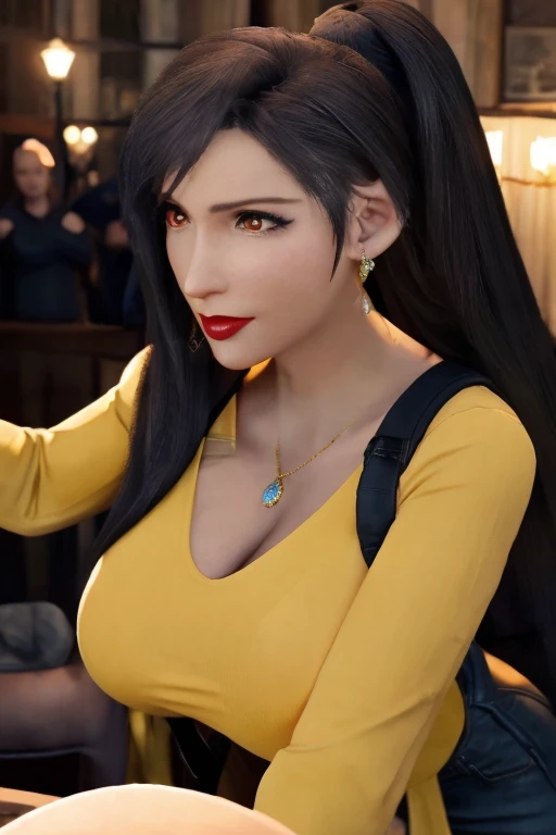 Tifa lockhart, implanted Big breast, long sleeve thin yellow  dress that show body curve with a cleavage,Game,1girl,Jewel ring,Gold chained round shape necklace,Hoopa earring,Bracelet,Red lips,(Dark blue eyeshadow),Big cleavage,hair bun,Beehive Bun style ,black hair,Curvy,Unnatural big breast,Cleavage,black color long nail,Swaying hip,Head to waist view,Sculpted calves figure,Thick tights,Wide hips,very big cleavage,Enchanced big breast,((Diamond wedding ring)),Aristoticat ring, Detailed eyes,Busty,don corneo mansion,Madam tifa,View from front,dangerous cleavage,semi sweetheart cleavage,Solo,looking at you,Dignified expression,Show off cleavage