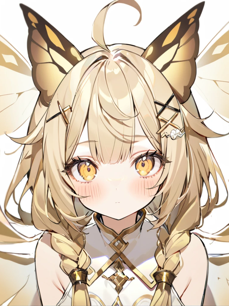 1girl, ahoge, animal ears, bangs, bare shoulders, blonde hair, blush, closed mouth, eyeshadow, hair ornament, hairclip, long hair, looking at viewer, portrait, sketch, solo, upper body, white background, x hair ornament, yellow eyes,moth ears, white clothes, eyelashes in the form of wings, hair tied in two braids, beige shimmers with white, white at the tips,full-length, separate fluffy collar,, gradient at the ends of the hair is white,It stands, in full height, from head to toe , come up with clothes