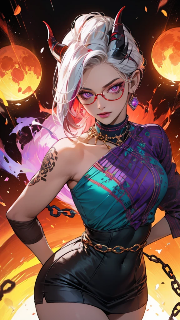 8k, masterpiece, best quality, highly detailed, 1 girl, tiefling, warlock, pixie cut, multicolored hair, very short straight hair red highlight hair on white hair, strippled hair, wearing glasses, round glasses, earrings, navel piercing, red eyeshadow, long eyelashes, blushed cheek, red lips, pearl necklace, rings, collarbone, mole on face, glamorous, teal and purple clothes, miniskirt, smirk, close up view, rings, looking at viewer, demon horns, solo, blood red moon, standing, royal dress, chains, firing fire blast