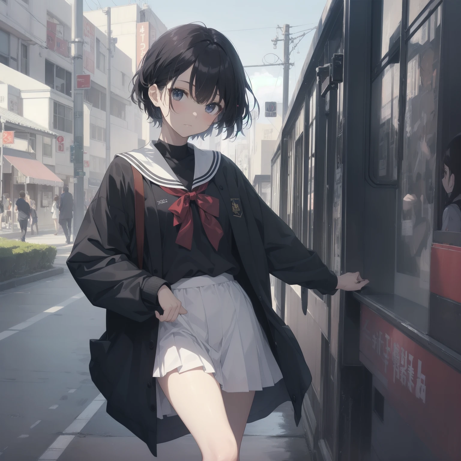 ultra-absurdres-Top quality by artist God, ultra-detailed, high resolution, anime moe artstyle, best anime 8k konachan wallpaper, pixiv contest winner, pool:2810, perfect anatomy,break, 1girl, (Please draw a girl walking sleepily to school alone. )break,(Solo,little female, 13-year-old:1.3),Full limbs, complete fingers,a junior high school student, (very short hair), short cut, flat chest, , small butt, small black eyes, beautiful detailed eyes, well-proportioned iris and pupils, expressive eyes, highres detailed hair, soft expression, salor school_uniform, sailor collar, serahuku, bow, pleated skirt,(Detailed Lighting), (Detailed background), in the School commute route. break,super detailed skin, Best cinematic lighting powered by famous artist, 8k,beauty illustration,photoshop_(medium),very aesthetic,break,((artist:ishikei )), artist:clamp ,artist:carnelian ,artist:kantoku ,
