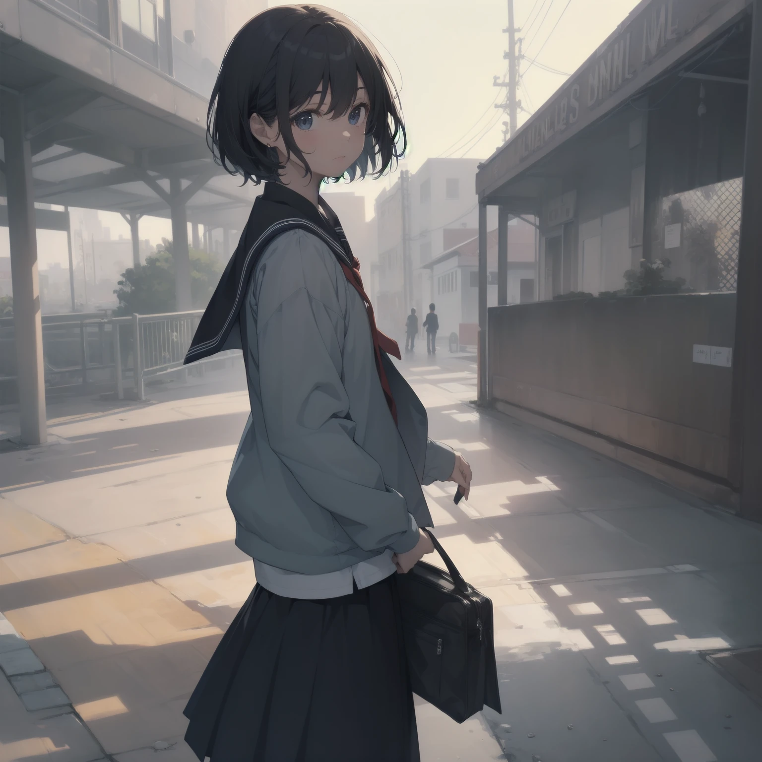 ultra-absurdres-Top quality by artist God, ultra-detailed, high resolution, anime moe artstyle, best anime 8k konachan wallpaper, pixiv contest winner, pool:2810, perfect anatomy,break, 1girl, (Please draw a girl walking sleepily to school alone. )break,(Solo,little female, 13-year-old:1.3),Full limbs, complete fingers,a junior high school student, (very short hair), short cut, flat chest, , small butt, small black eyes, beautiful detailed eyes, well-proportioned iris and pupils, expressive eyes, highres detailed hair, soft expression, salor school_uniform, sailor collar, serahuku, bow, pleated skirt,(Detailed Lighting), (Detailed background), in the School commute route. break,super detailed skin, Best cinematic lighting powered by famous artist, 8k,beauty illustration,photoshop_(medium),very aesthetic,break,((artist:ishikei )), artist:clamp ,artist:carnelian ,artist:kantoku ,
