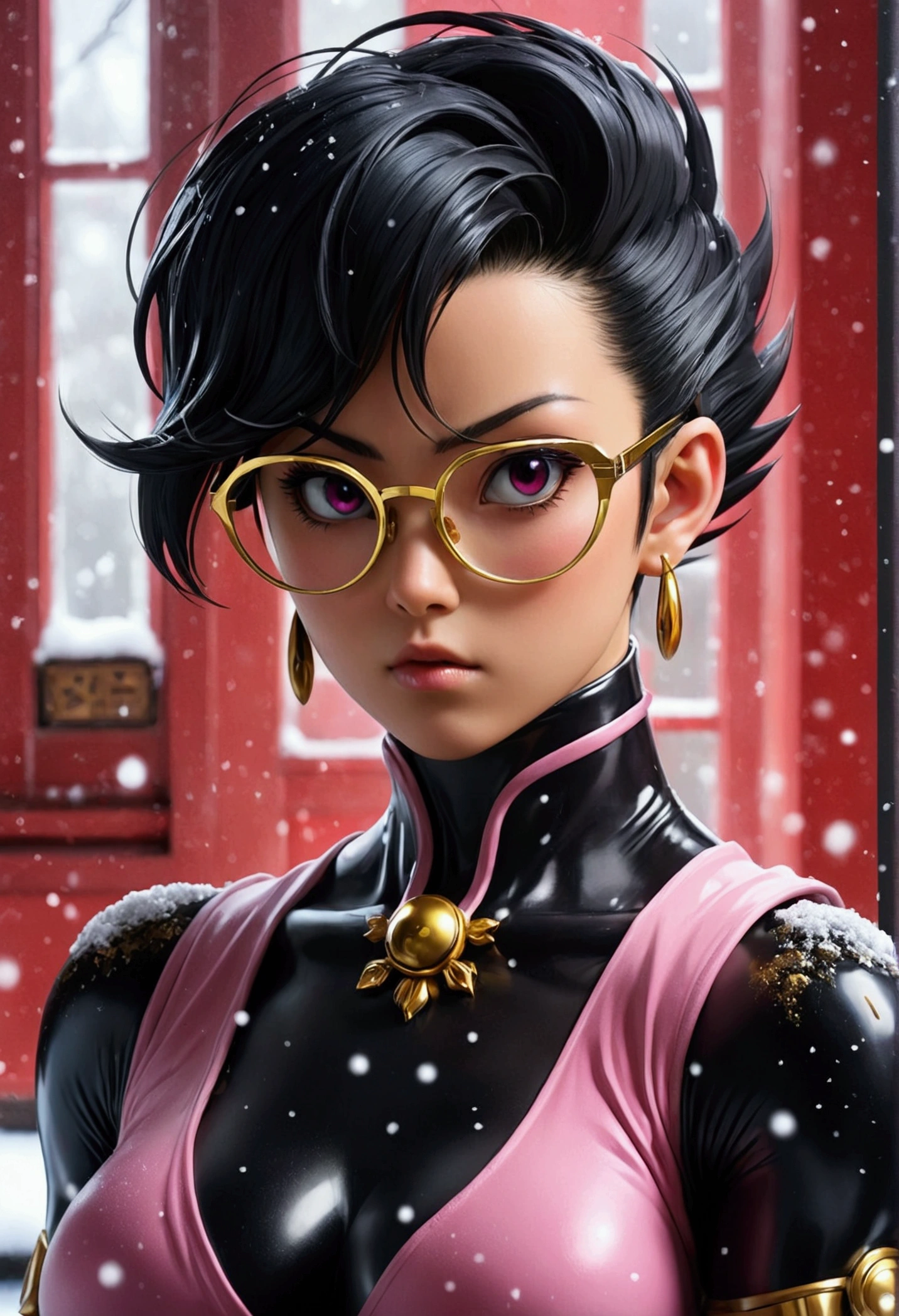 atraente vegeta + chun-li anime yuyu hakusho wearing winter sex black gold pink com oculos refletor uma nevasca ghly intricate chupando morangos and hyperdetailed matte photography by Ismail Inceoglu Sakiyama James Gurney Victo Ngai Gregorio Catarino, M.W Kaluta and Hiroyuki-Mitsume Takahashi, album cover art, poster art, long exposure cel-shaded, a masterpiece Miki Asai Macro photography close-up hyper detailed trending on artstation sharp focus studio photo estilo death note