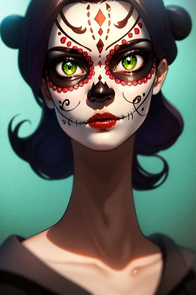 Girl with green hair, Day of the Dead paint on her face, High quality, short hair, long spectral dress, green eyes and Asian features, malignant face and eyes gleaming with malice, dark aura, serius expression